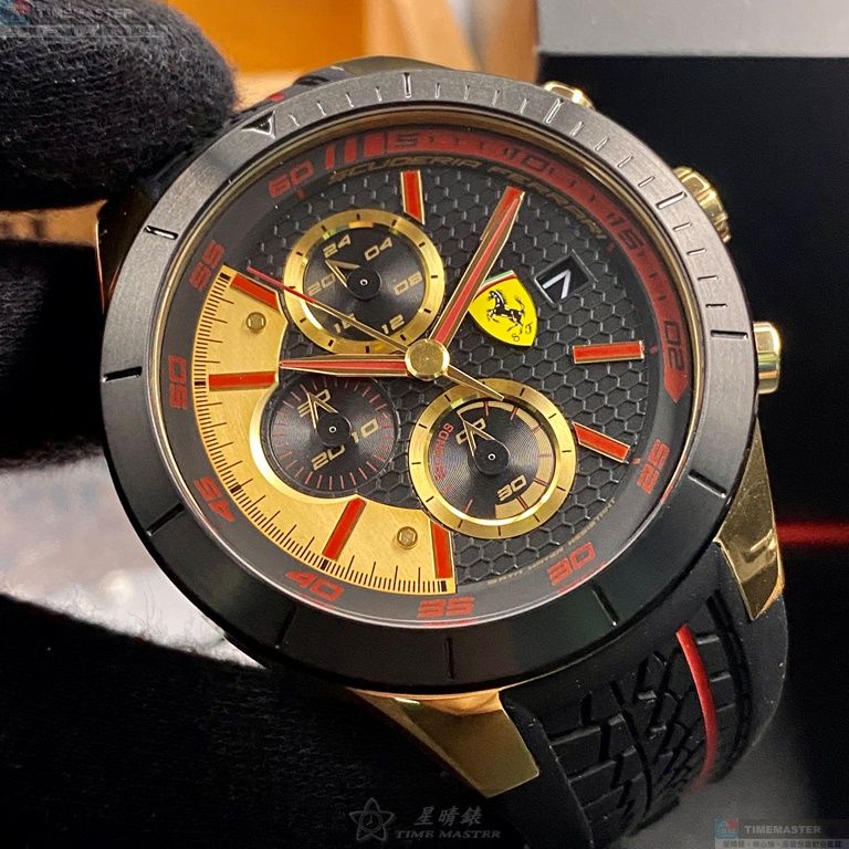[星晴錶業]FERRARI手錶,46mm,FE00042黑金色錶面黑錶殼深黑色矽膠錶帶款, , large