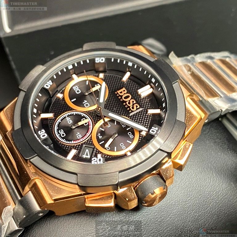 [星晴錶業]BOSS手錶,46mm,HB1513358黑色錶面黑金錶殼金銀相間精鋼錶帶款, , large