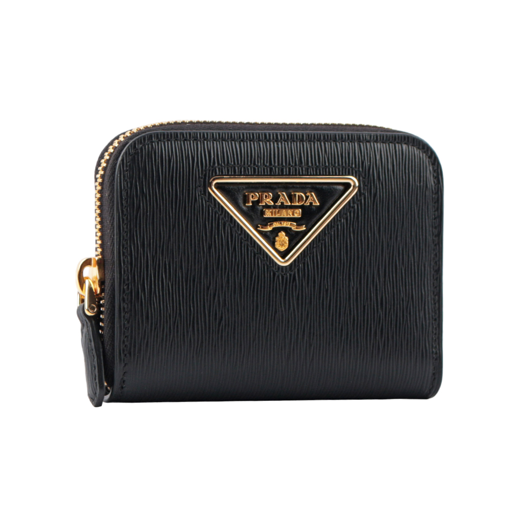 PRADA 三角框浮雕Logo 水波紋皮革零錢包/黑色, , large