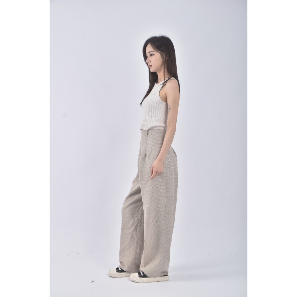 (M) 卡帛高腰質感格紋杏色長褲二手衣, , large