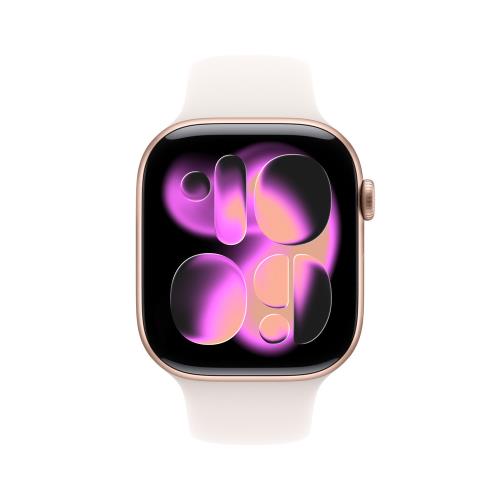 Apple Watch S11 GPS 46mm 玫瑰金色鋁金屬錶殼 搭淡胭粉色運動錶帶 M/L _ 台灣公司貨 + 專用 (錶貼 & 錶套)