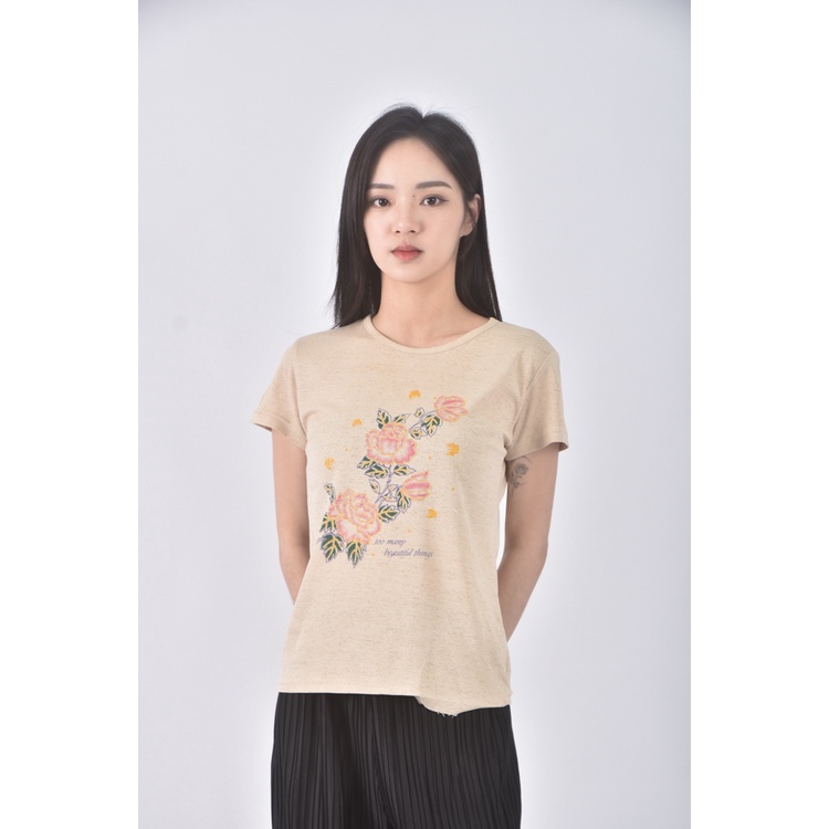 (S) 花紋杏色短袖上衣二手衣, , large