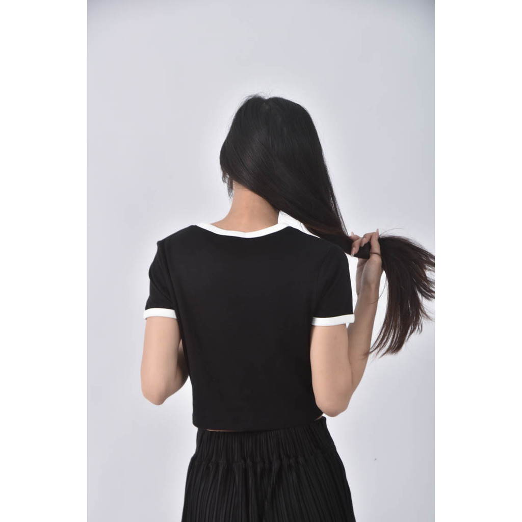 (S) 【粿粿私服】gu修身短版棉質撞色黑色短袖上衣二手衣, , large
