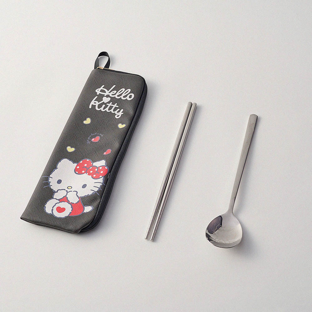 SANRIO - Hello Kitty Simple Cutlery Set - Black Heart Design (Two Pieces), , large