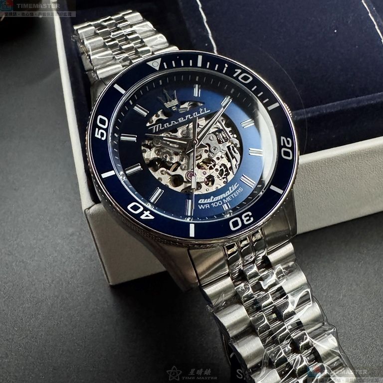 [星晴錶業]MASERATI手錶,44mm,R8823140011銀寶藍色雙面機械鏤空錶面寶藍錶殼銀色精鋼錶帶款, , large