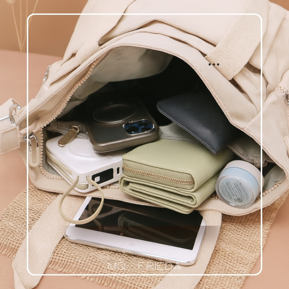 【MQ】FRIEDA 三用多層托特包 大款-奶茶色  斜紋尼龍 防潑水 耐髒耐磨 手提袋 多夾層 大容量, 奶茶色, large