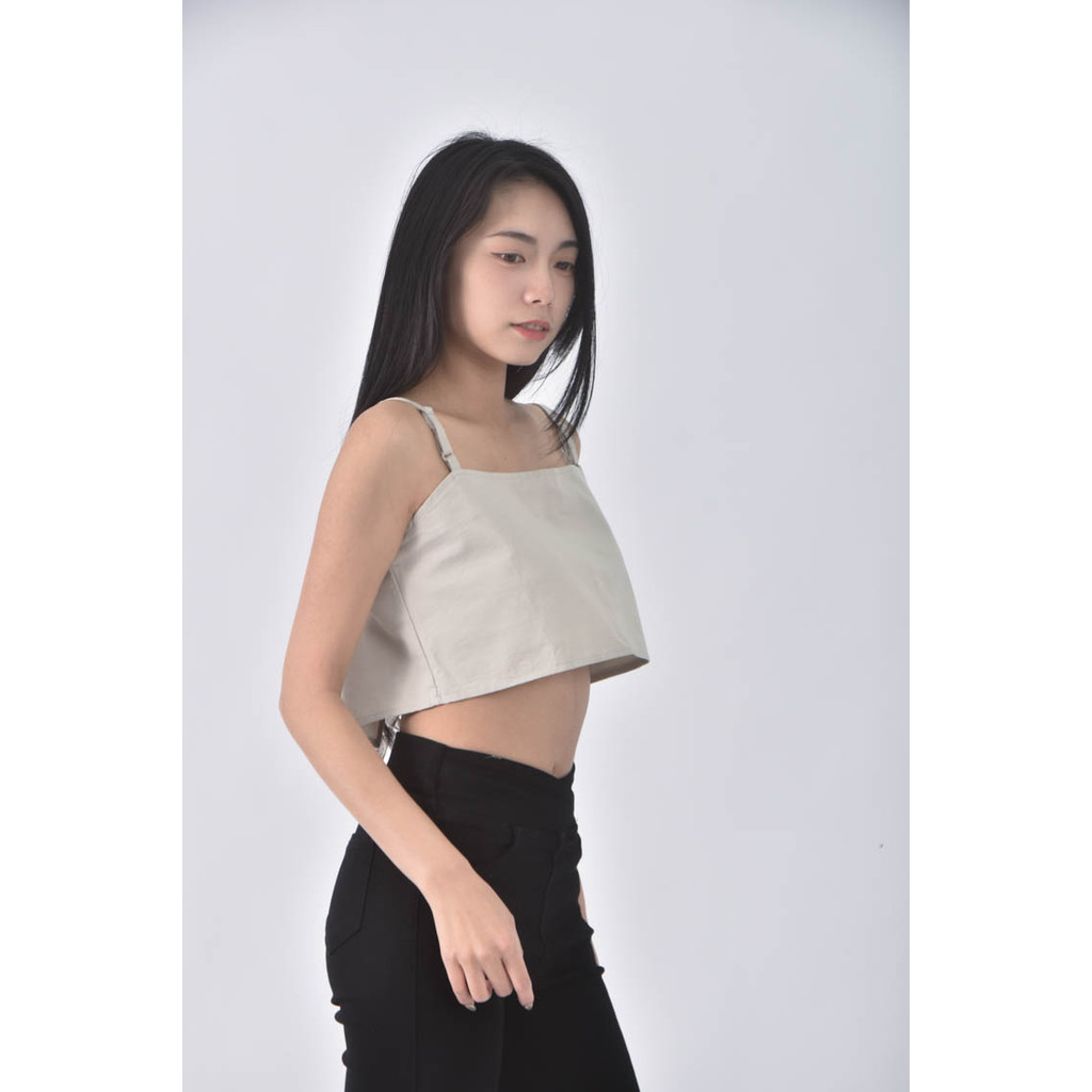 (S) 【粿粿私服】質感修身短版無袖細肩帶灰綠色上衣二手衣, , large