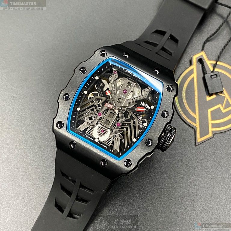 [星晴錶業]MARVEL手錶,44mm, 50mm,MARV002雙面機械鏤空錶面黑錶殼深黑色矽膠錶帶款, , large