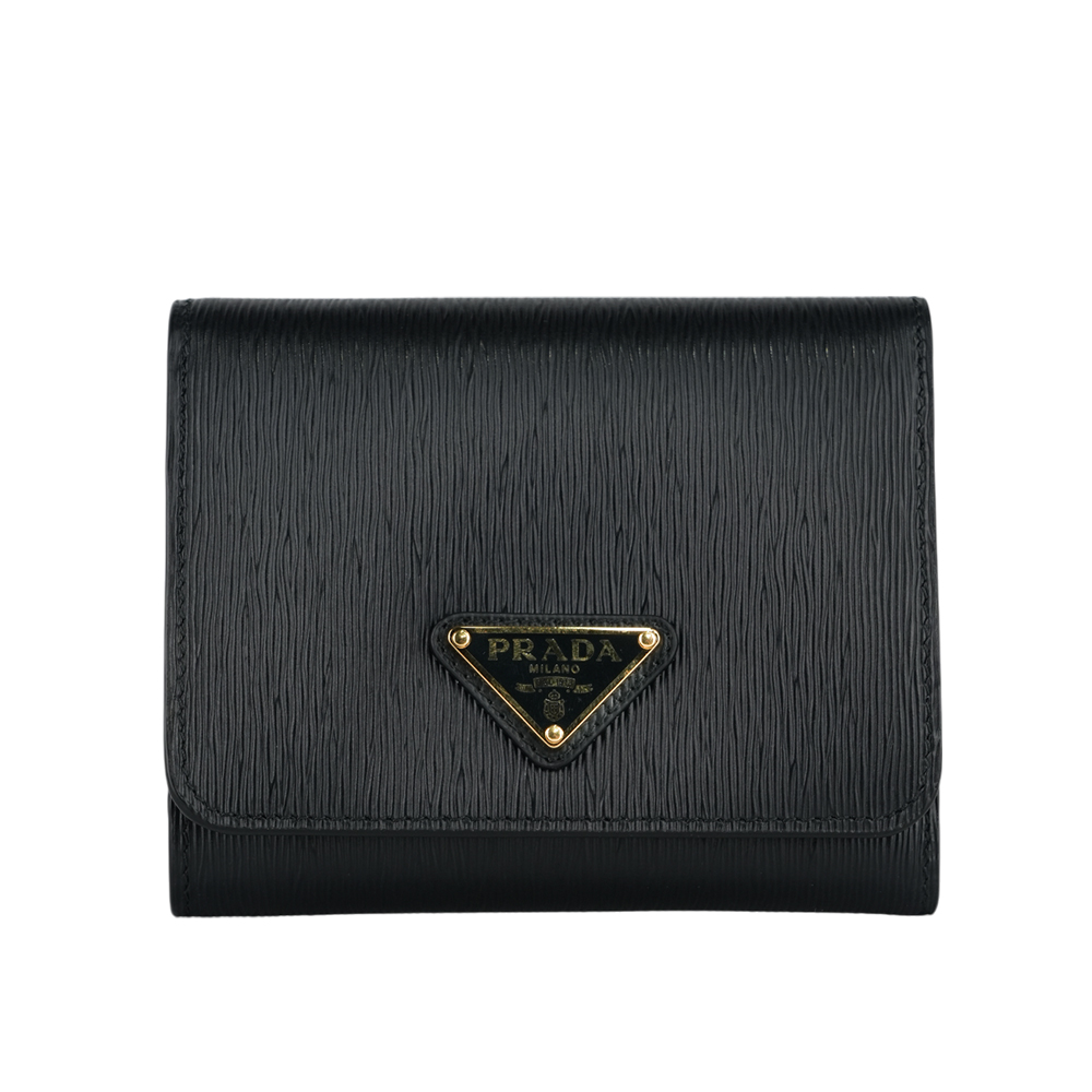 PRADA 三角牌Logo 水波紋皮革暗釦三折短夾/黑色, , large