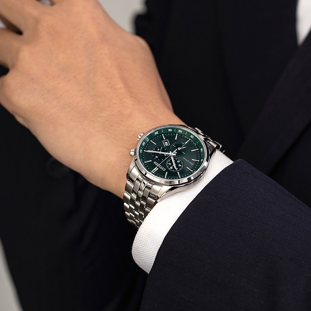 CITIZEN 星辰 光動能復古風計時手錶-銀x紳士綠 AT2149-85X, , large