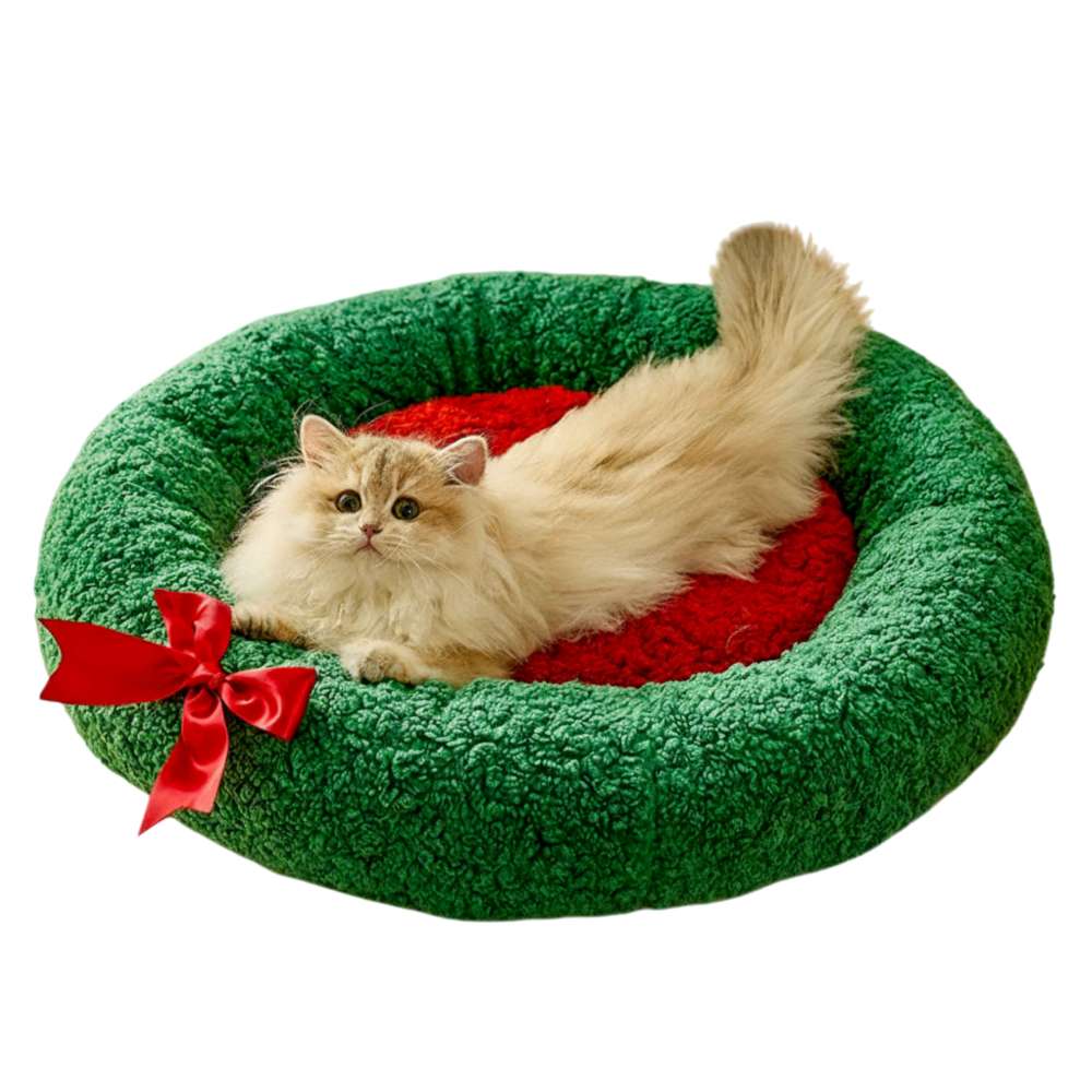 摩達客寵物-綠紅聖誕花圈保暖造型氛圍感貓窩狗窩-M號-保暖加厚氛圍感寵物墊, , large
