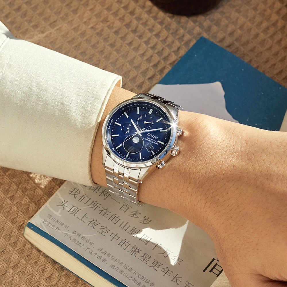 CITIZEN 星辰 光動能電波萬年曆月相手錶 BY1030-50L, , large