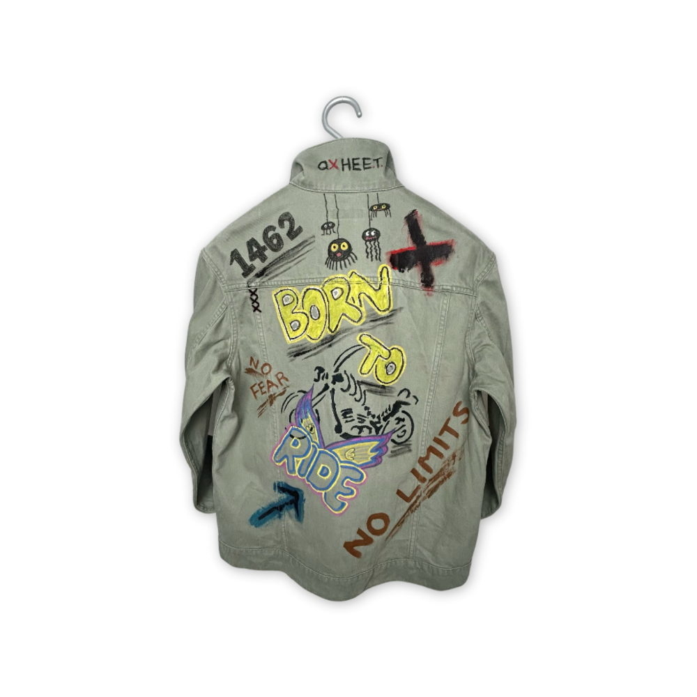 Military graffiti denim jacket/grey green, , large