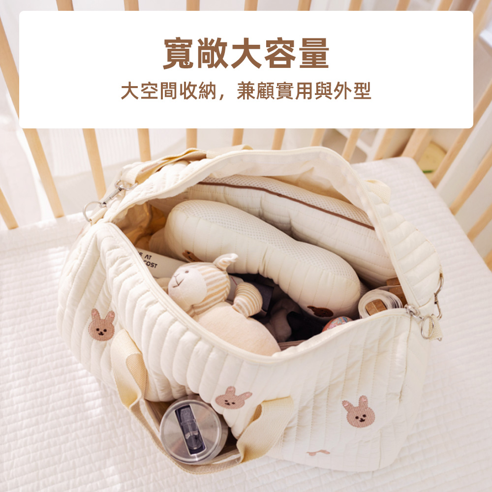 【上手家居】純棉刺繡媽媽包 刺繡小兔(波士頓包/媽咪包/行李包/母嬰包/旅行收納包), , large