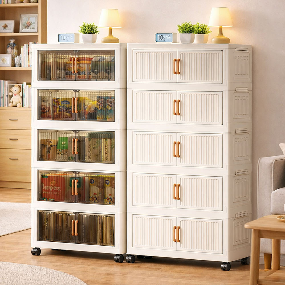 【AOTTO】58面寬五層折疊附輪雙開門收納櫃-透黑款(AC-058BK), , large