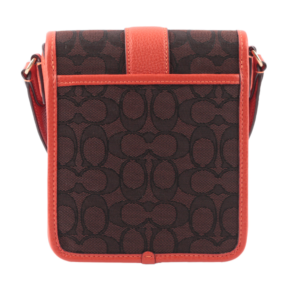 COACH Lonnie 緹花布拼皮革翻蓋斜背包/芒果橘/巧克力色, , large