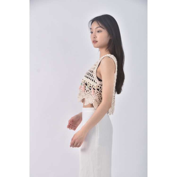 (S) 流蘇背心杏色上衣二手衣, , large