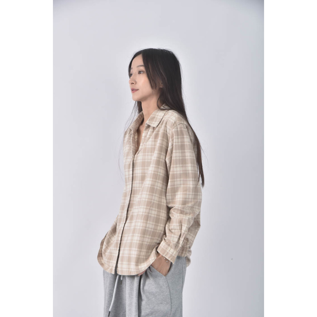 (L) uniqlo棉質格紋杏色長袖上衣二手衣, , large