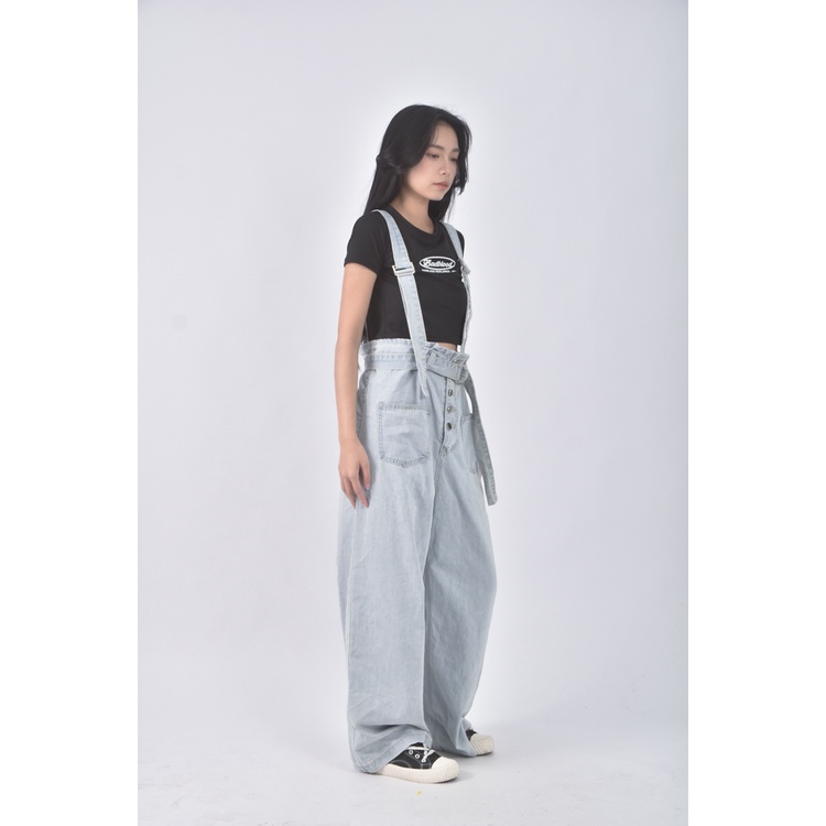 (XL) kkpop高腰丹寧牛仔吊帶棉質藍色長褲二手衣, , large