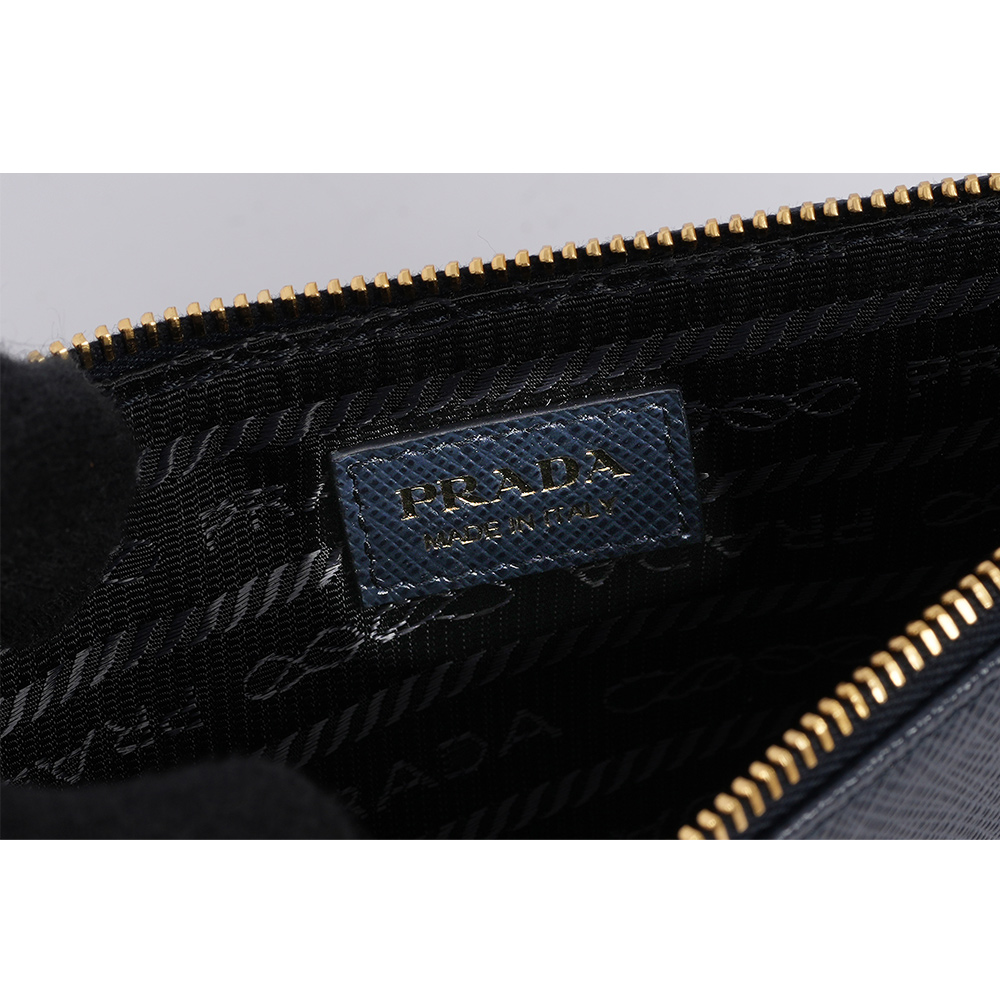 PRADA 金色三角牌Logo 防刮皮革拉鍊手拿包/收納袋/波羅的海藍, , large