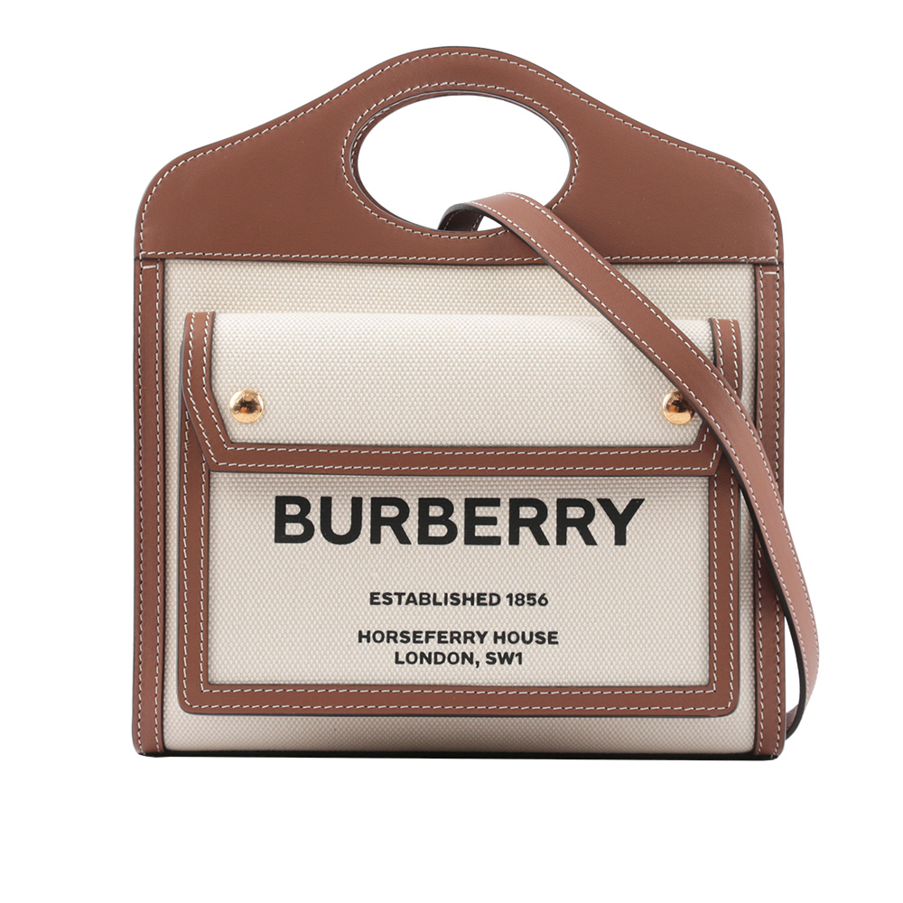 BURBERRY 帆布拼皮革手提/斜背口袋包(Mini)/自然色/麥芽棕, , large