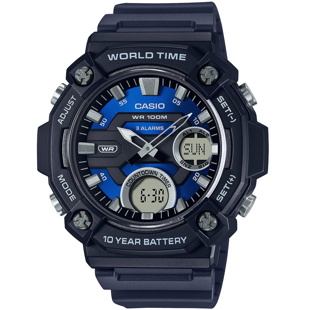 CASIO 卡西歐 10年電力 冒險精神 計時雙顯錶-黑x藍 AEQ-120W-2AV, , large