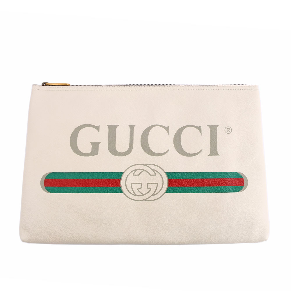 GUCCI LOGO CLUTCH小牛皮復古綠紅綠手拿包/白色, , large