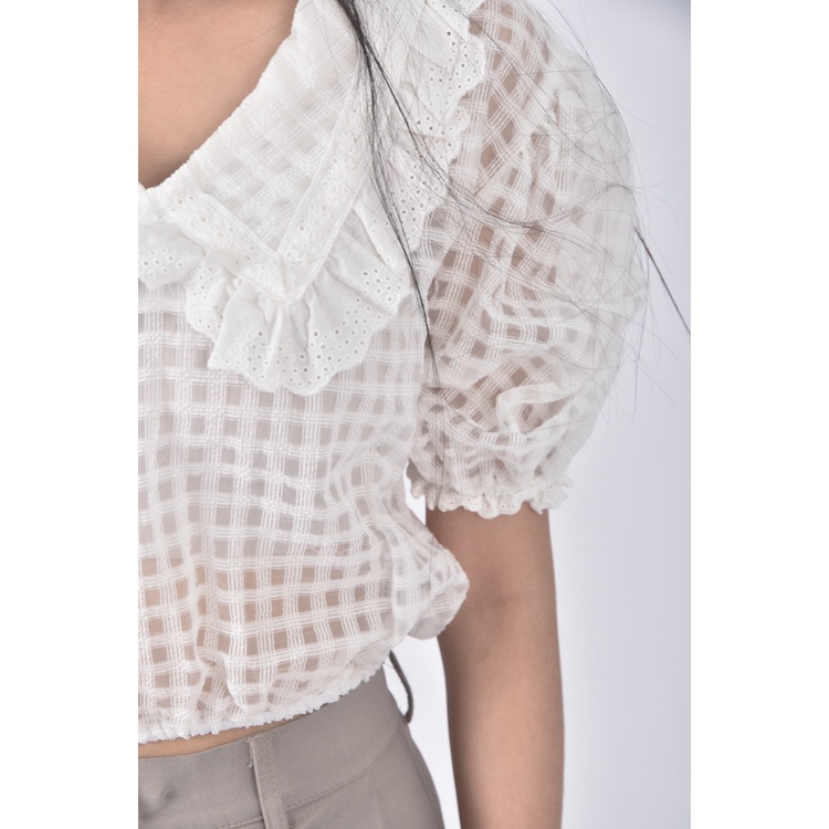 (S) topdressing韓牌質感修身短版透膚白色短袖上衣二手衣, , large