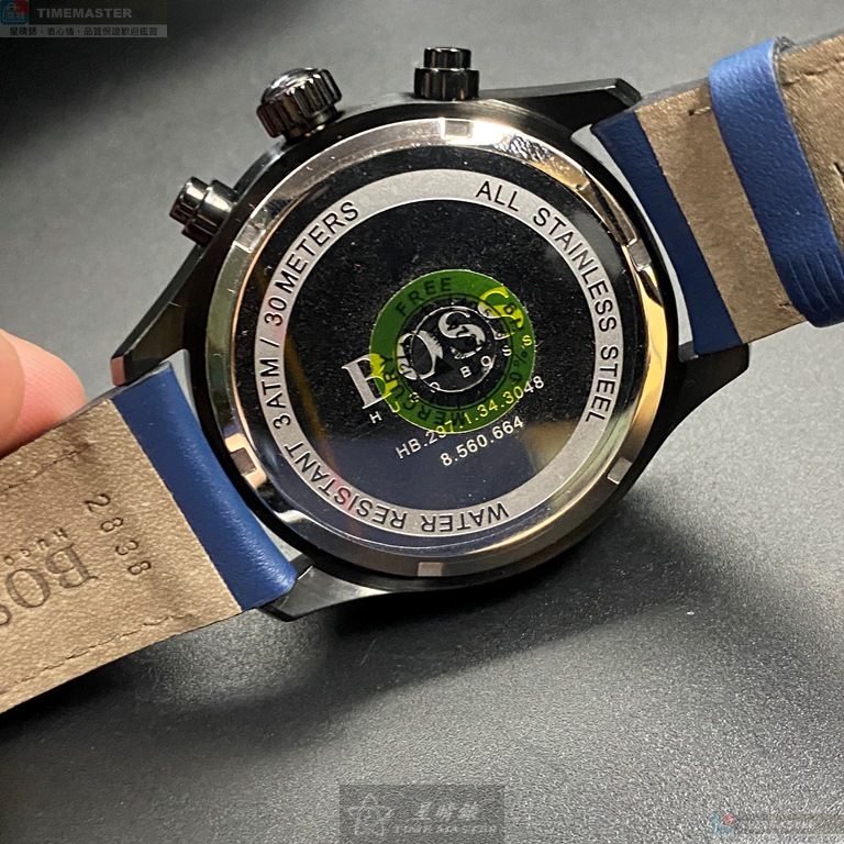 [星晴錶業]BOSS手錶,44mm,HB1513563鐵灰錶面黑錶殼寶藍真皮皮革錶帶款, , large