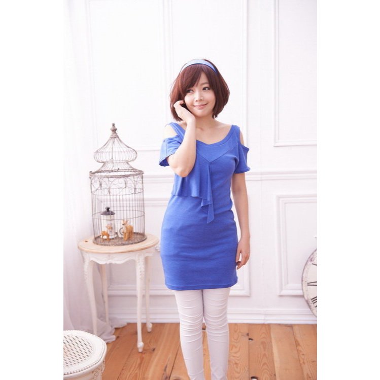 多巴胺藍露肩針織長版上衣 Q1028-N, , large