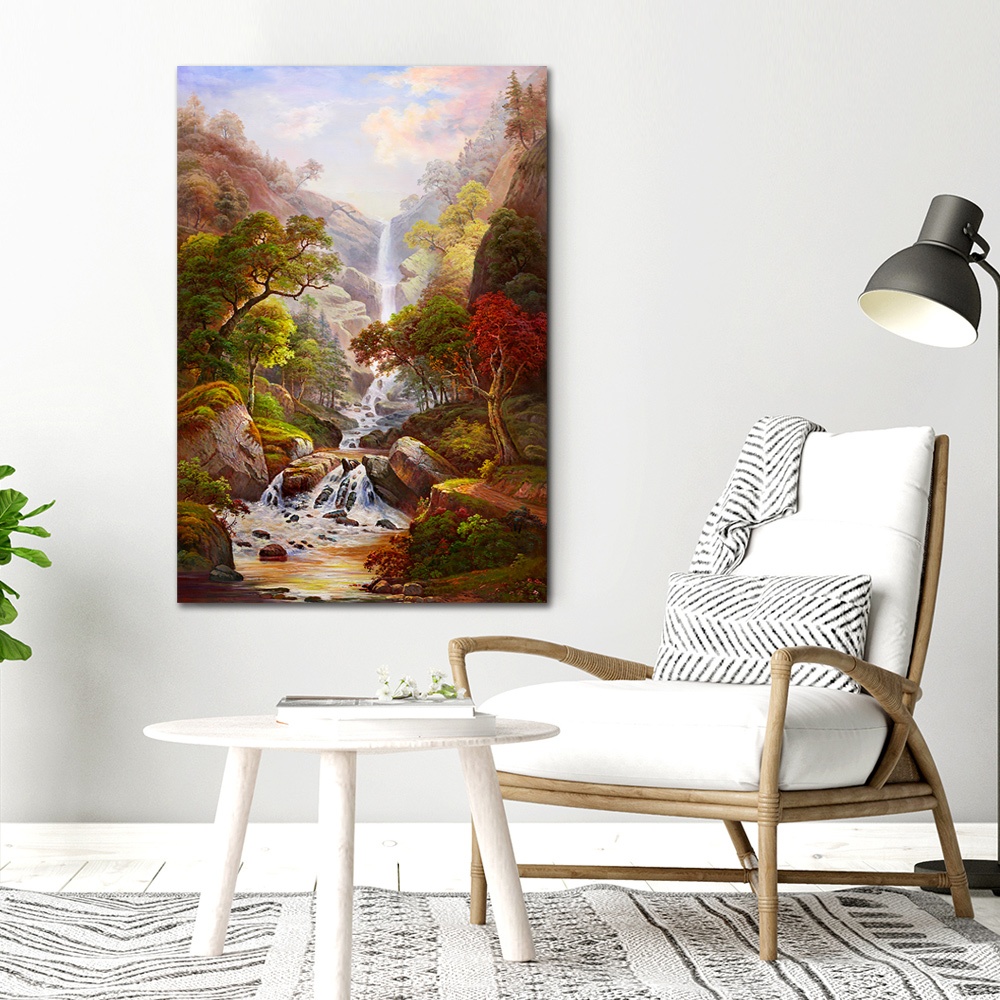 【御畫房】高山飛瀑 國家一級畫師手繪油畫60×90cm(VF-104), , large
