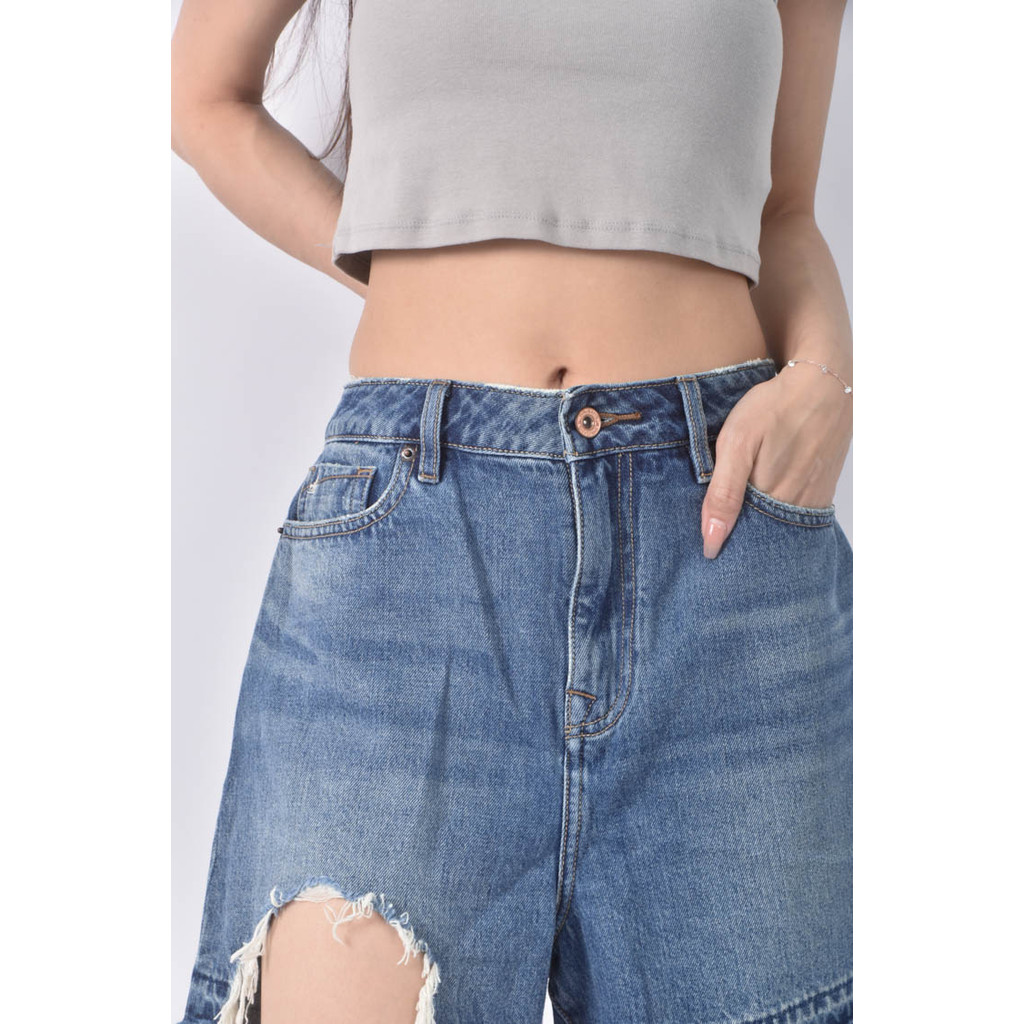 (XL) sisjeans高腰丹寧牛仔刷破藍色短褲二手衣, , large