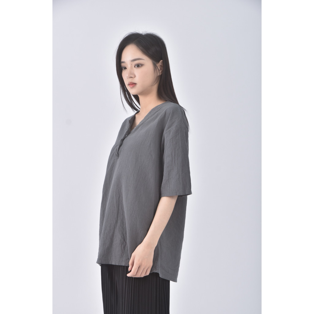 (L) 質感V領灰色短袖上衣二手衣, , large