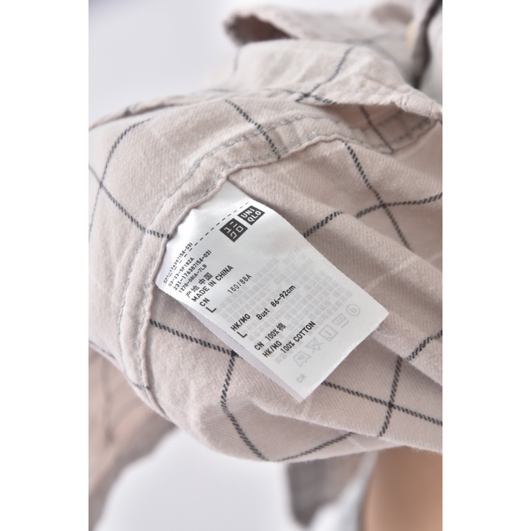 (L) uniqlo棉質純棉格紋杏色長袖上衣二手衣, , large