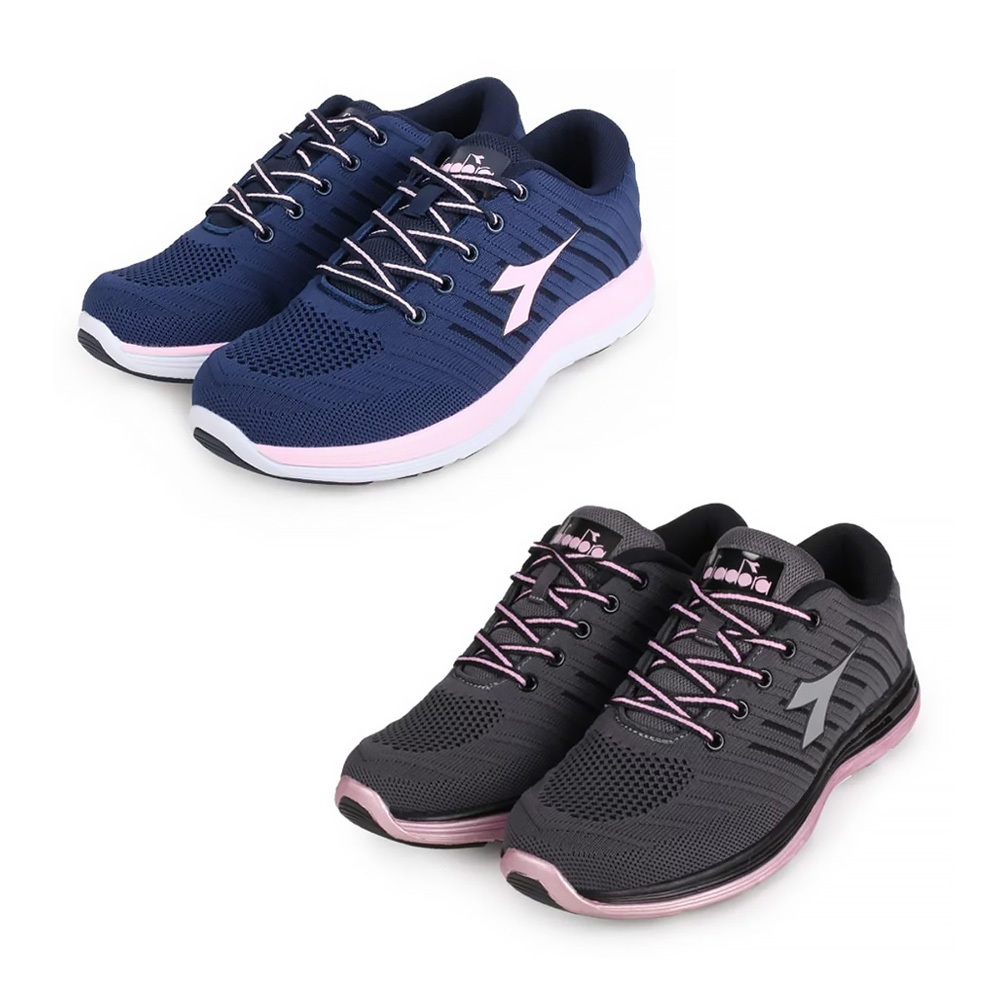 DIADORA迪亞多那 輕量飛織慢跑鞋 女運動鞋 女鞋 反光 飛織 透氣 吸震 回彈 保護後跟 高彈 止滑 丈青粉 灰粉