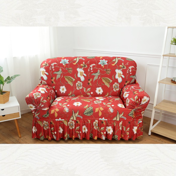 【格藍傢飾】涼感沙發套-迷蝶香 裙襬 抽繩專利 加大版 高品質 親膚透氣 冰絲沙發罩 沙發布套 彈力, , large