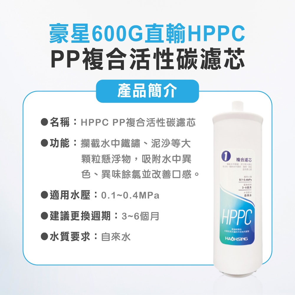 【麗水生活】豪星 HPPC複合活性碳濾芯 PP 活性碳 600G RO直輸機專用 濾心, , large
