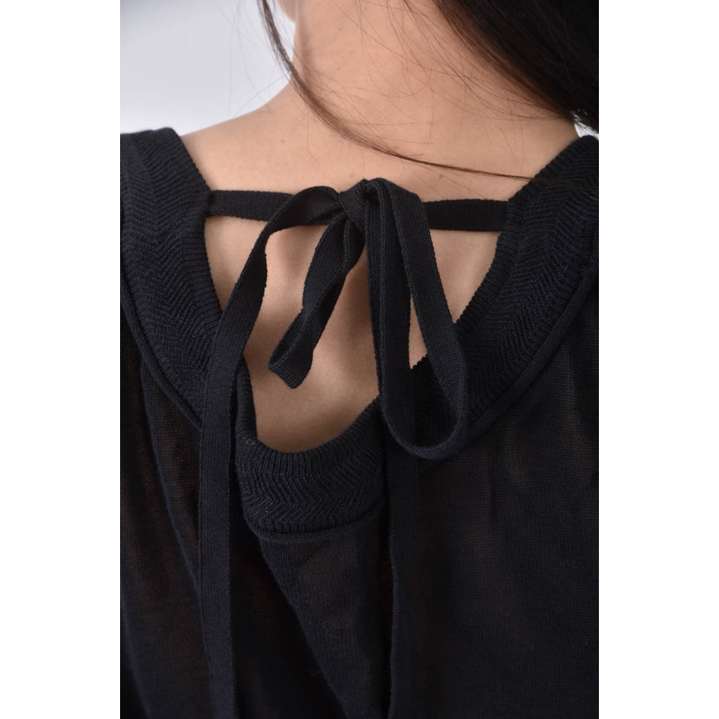 (M) 綁帶 、落肩黑色長袖上衣二手衣, , large