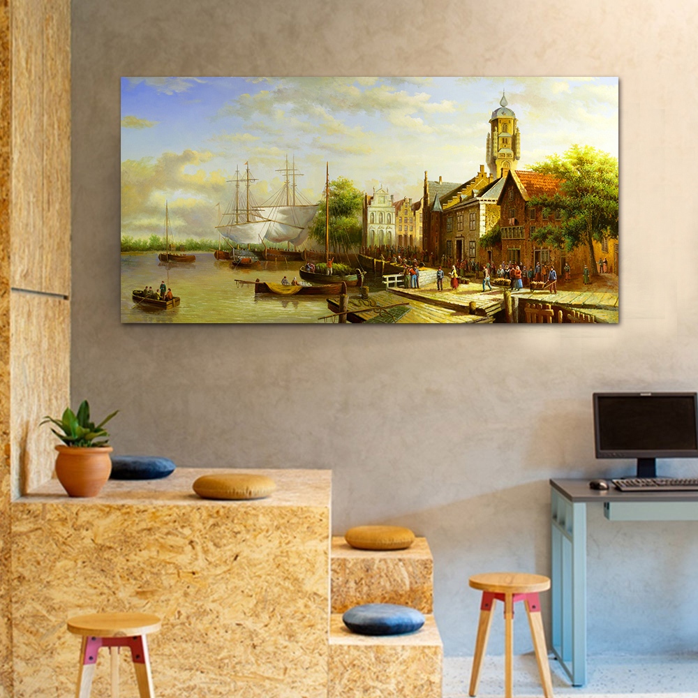 【御畫房】商貿市集 國家一級畫師手繪油畫60×120cm(VF-142), , large