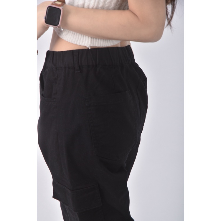 (XL) lativ高腰丹寧牛仔質感棉質工裝黑色長褲二手衣, , large