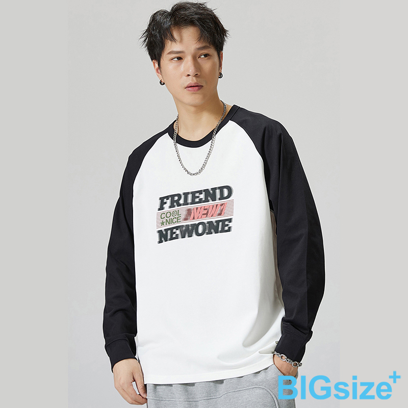 大尺碼-插肩拼接長袖T恤-黑白-0201125, , large