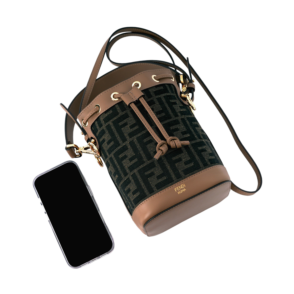 FENDI MON TRESOR FF Logo 緹花及皮革二用迷你水桶包/棕色, , large