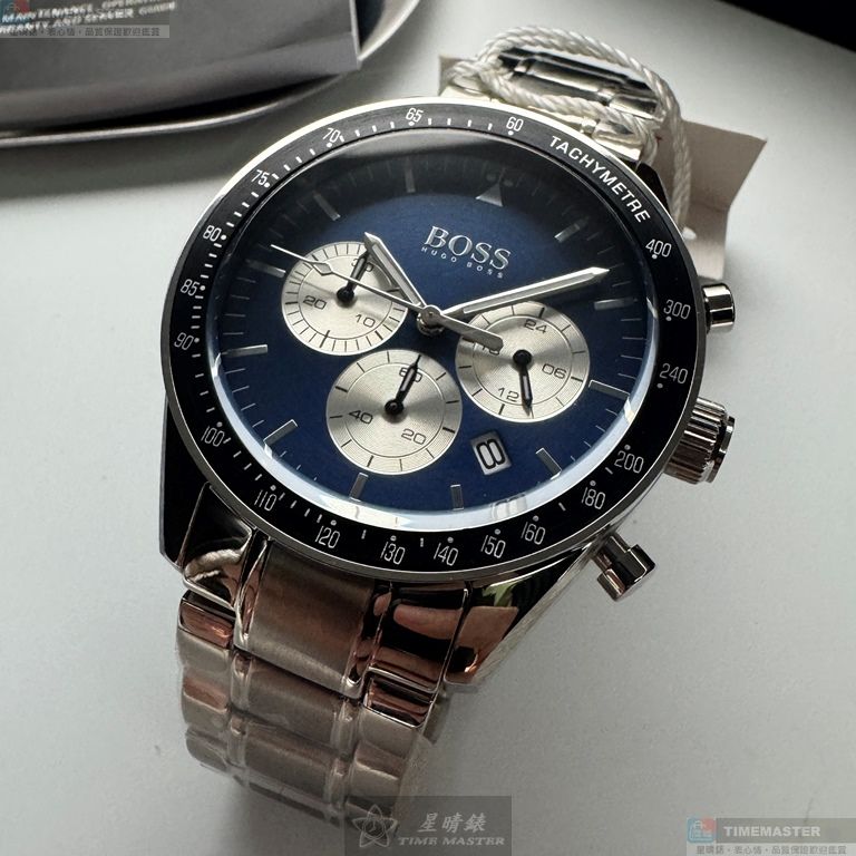[星晴錶業]BOSS手錶,44mm,HB1513630寶藍色錶面銀錶殼銀色精鋼錶帶款, , large