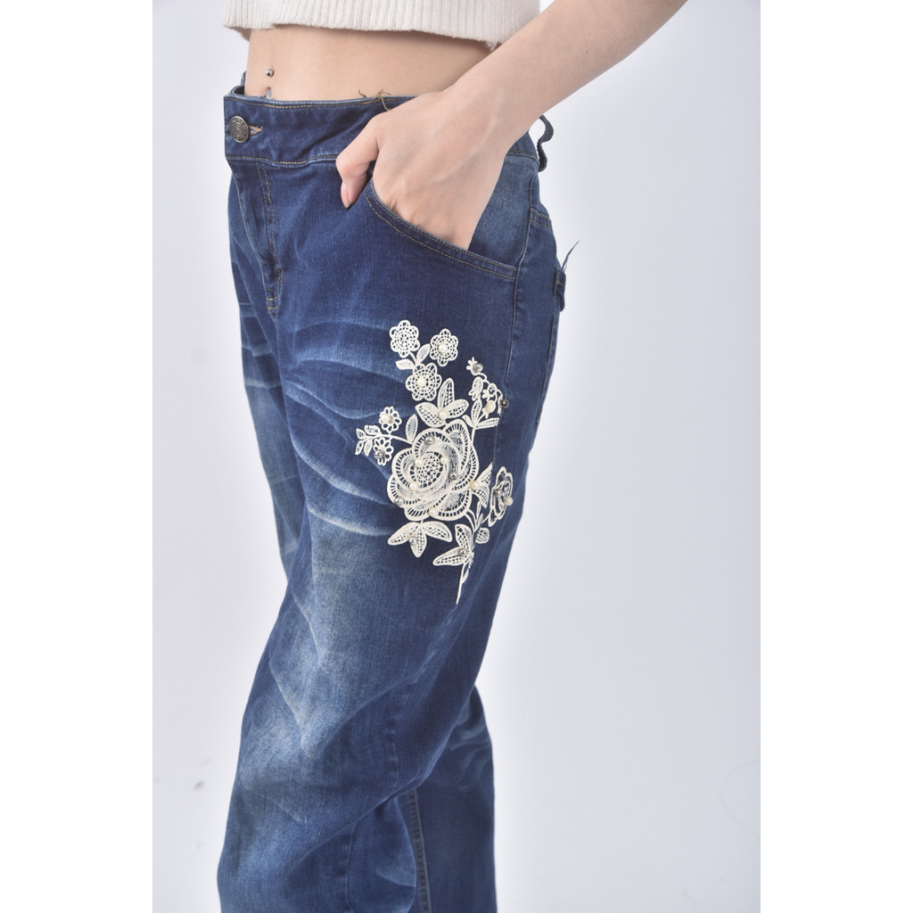 (4XL（含）以上) nice ioi丹寧牛仔質感棉質印花藍色長褲二手衣, , large