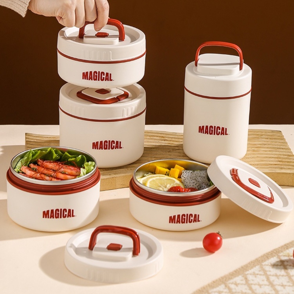 【A&R】二入組 新款日式雙耳304不鏽鋼便當盒附保溫袋、餐具組 1600ML 保溫款 栗子紅, , large