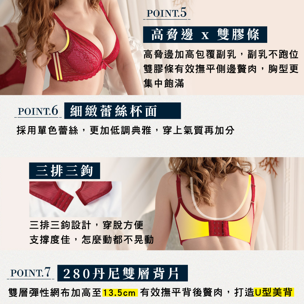 【可蘭霓Clany】上胸澎澎飽滿V曲線防外擴托高QQ B-D 機能集中內衣 熱情紅 6967-96, , large