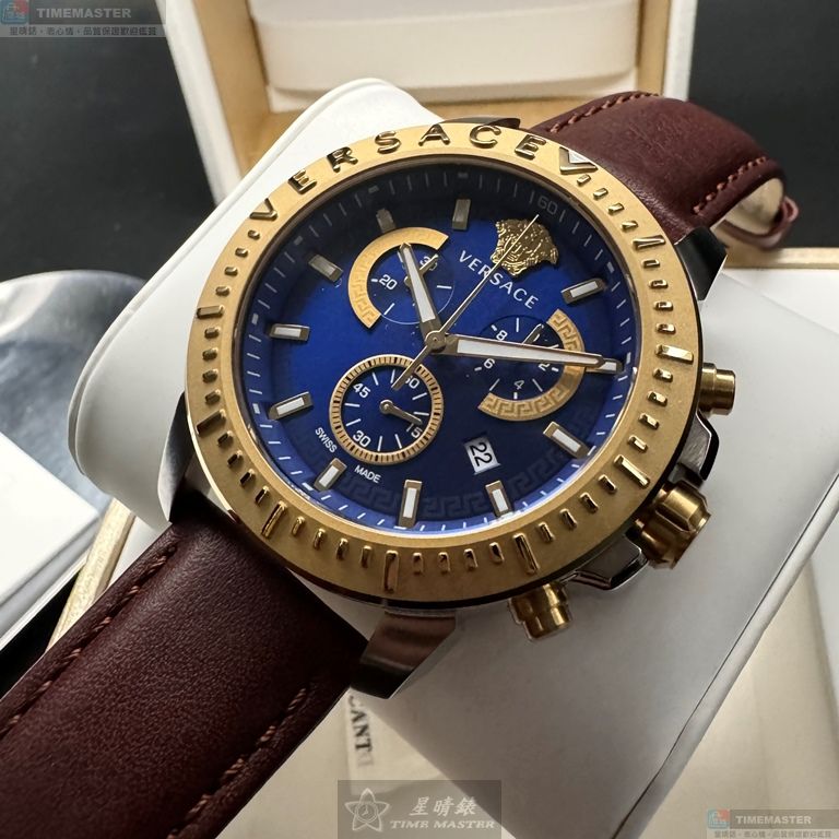 [星晴錶業]VERSACE手錶,46mm,VS11331寶藍色錶面金色錶殼咖啡色真皮皮革錶帶款, , large