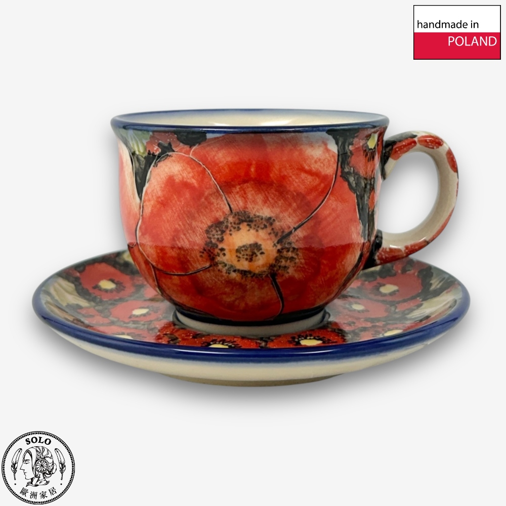 【SOLO Vintage】Cerraf Polish Pottery 200ml Coffee Cup + Saucer Set Crimson Sunset Floral Whisper Series Made in Poland, , large