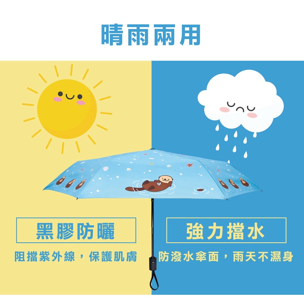 【周周生活】雨傘 現貨 自動傘 輕收省力 折疊傘 兒童雨傘 兒童自動傘 遮陽傘 海獺愛玩水 雨傘袋 晴雨傘 快速出貨, , large