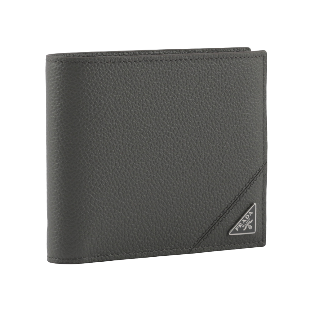 PRADA 三角牌Logo粒紋牛皮對開8卡短夾/灰色, , large